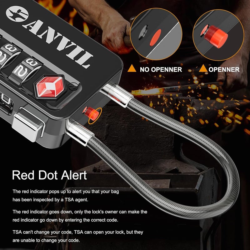 Anvil TSA Locks for Luggage with Search Alert: Durable Cable Combination Locks, TSA Approved - Secure Travel Locks for Suitcases, Backpacks & Gun Cases (4 Colors) - Image 4